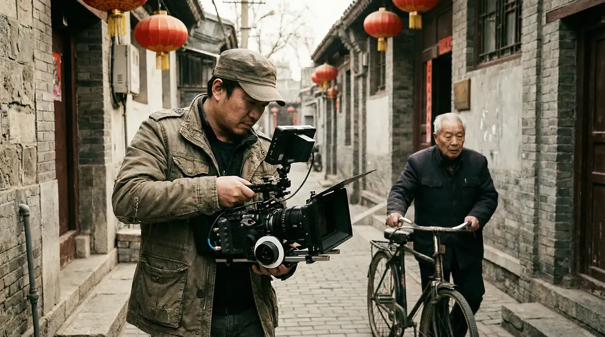 一位纪录片导演在胡同中拍摄的工作场景
